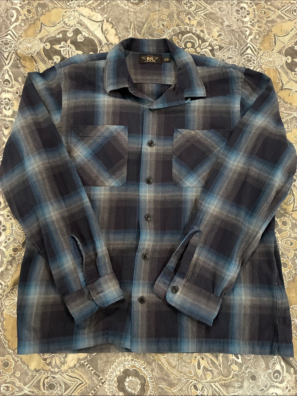 Ralph Lauren Double RL Men's Navy and Light Blue Plaid Button-Down Shirt